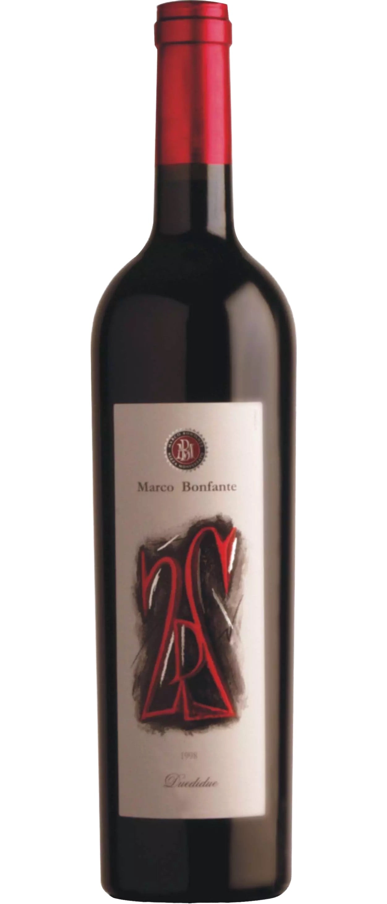 A bottle of red wine with a label that features a stylized red letter "2" and the text "Marco Bonfante".