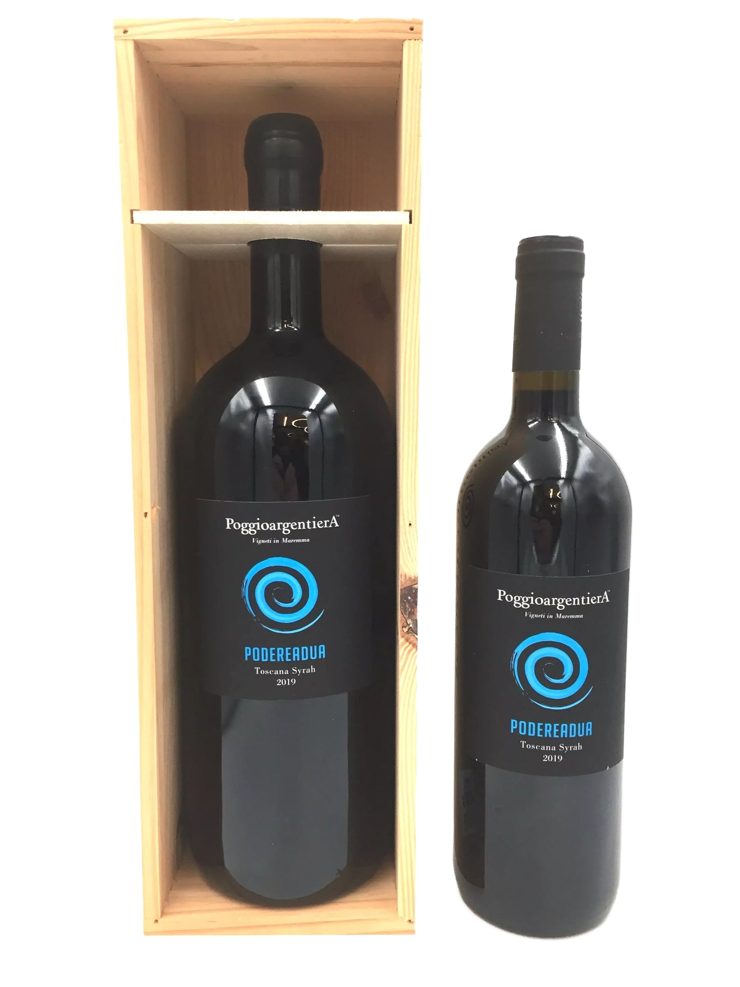 Two bottles of wine are shown, one standing upright in a wooden box and the other standing upright on a white background.