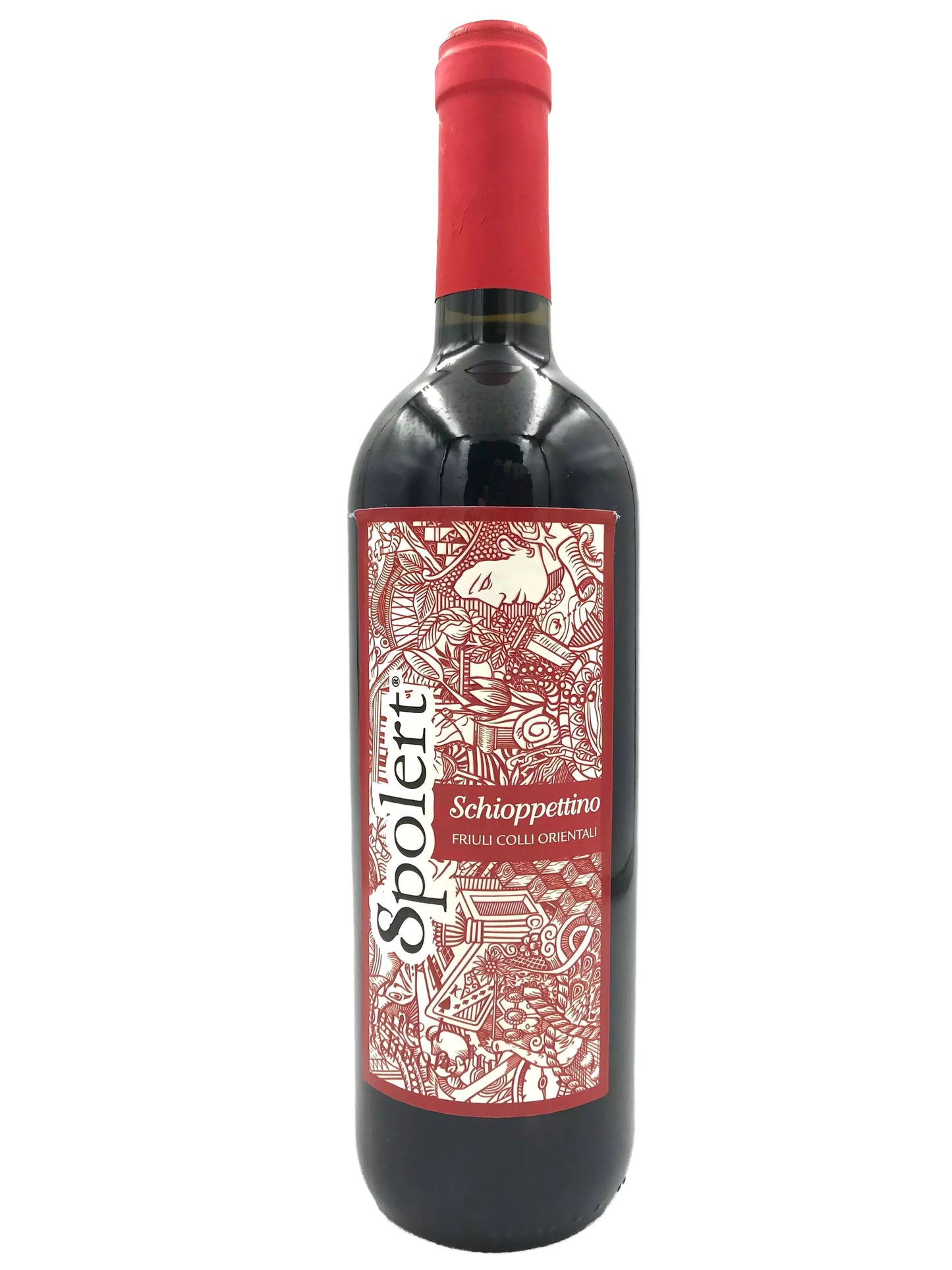 a bottle of red wine with a red label and a red cap.