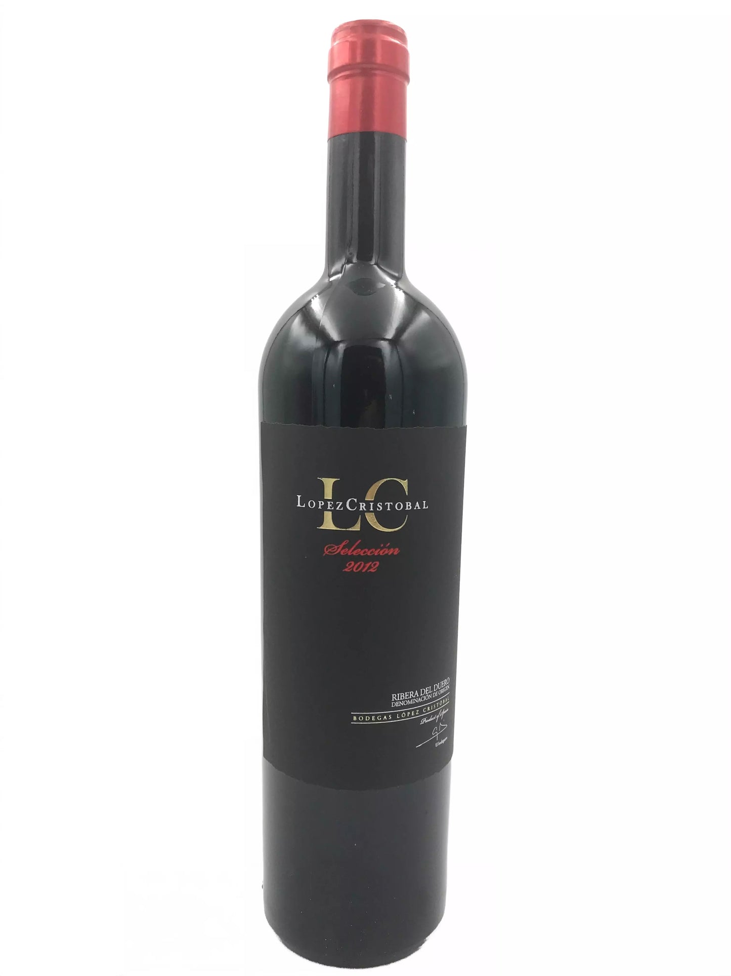 A bottle of red wine with a black label and a red cap.