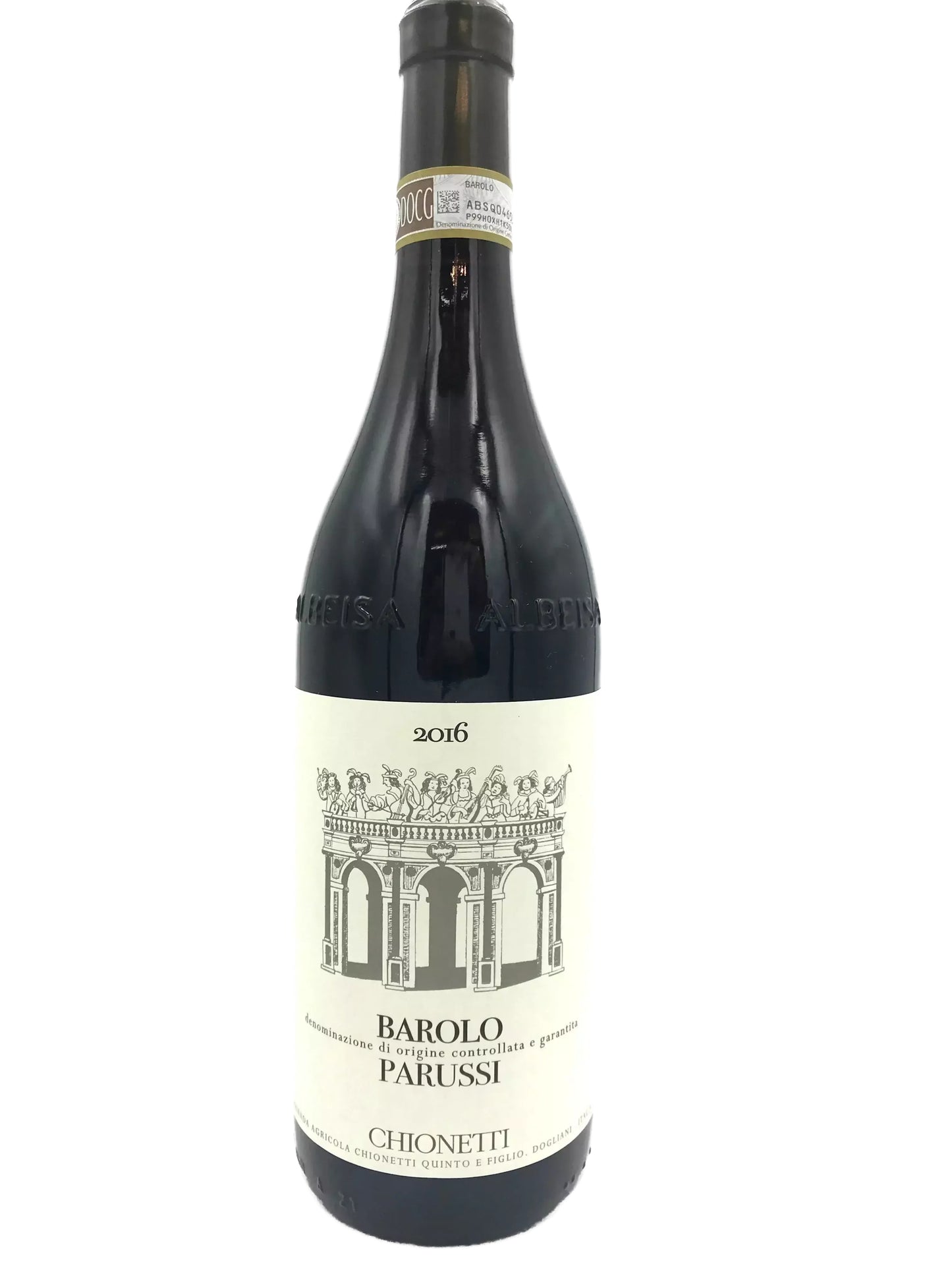 a bottle of wine with a label that features an illustration of a building or structure.