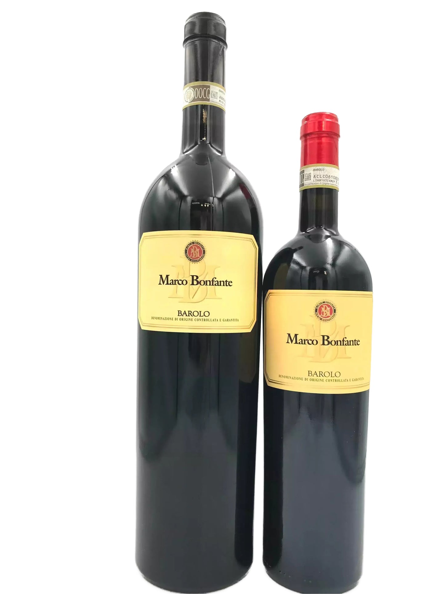 Two bottles of red wine, one larger and one smaller, both labeled "Marco Bonfante Barolo".