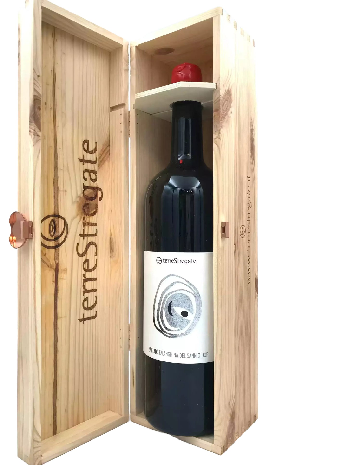 A bottle of wine is displayed in a wooden box, with the label facing the camera.
