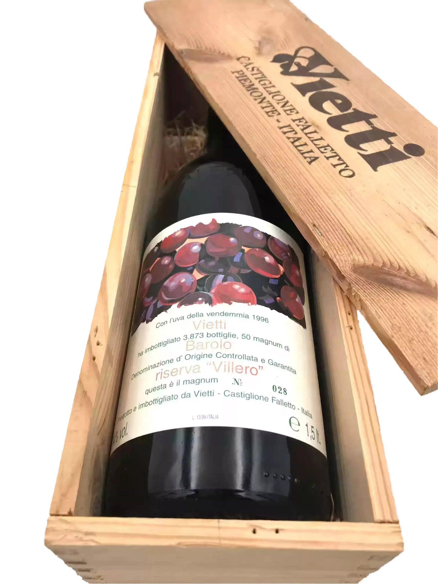 A bottle of wine is placed inside a wooden box with a lid, and the lid has the text "Yetti" printed on it.