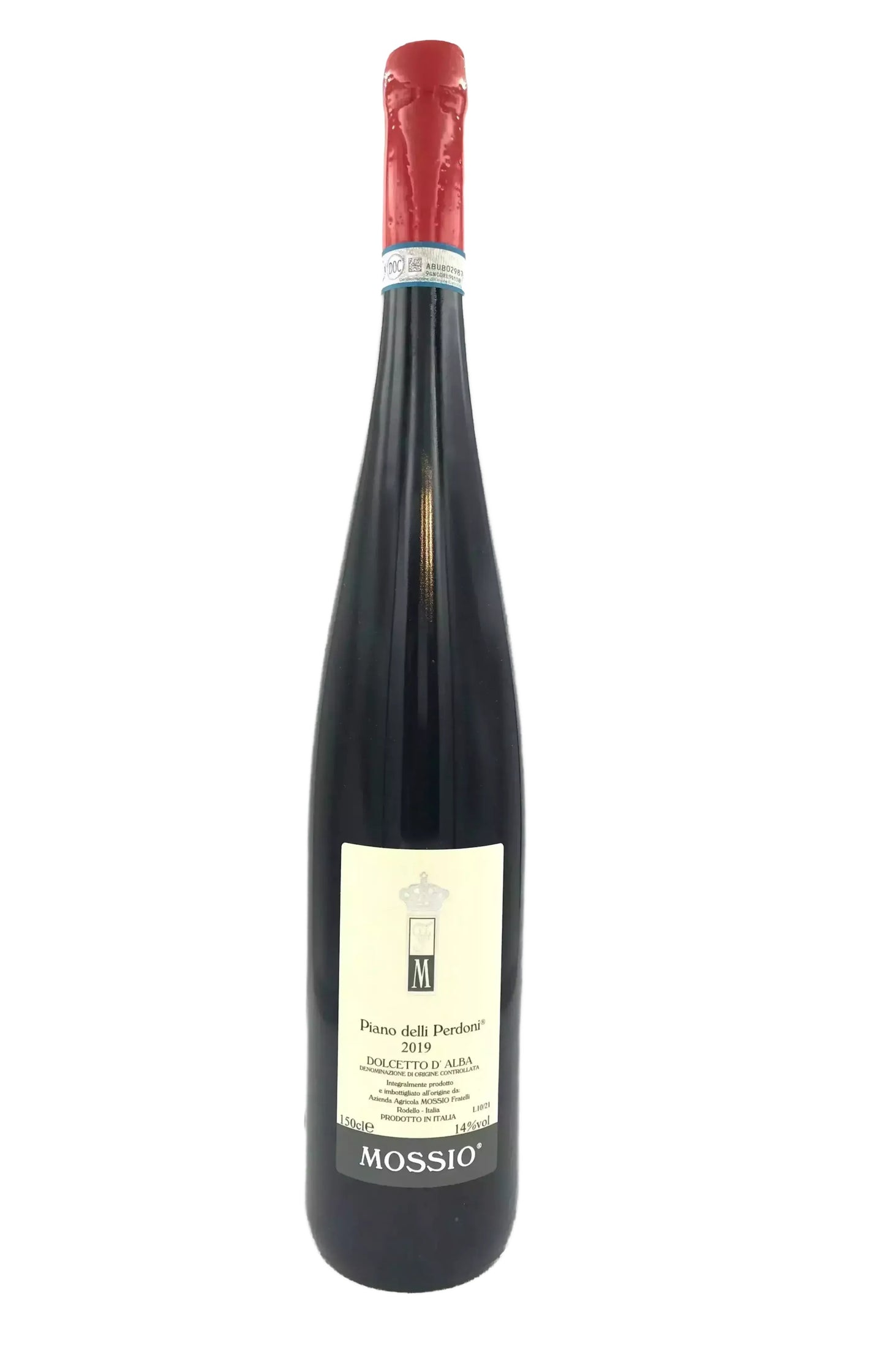 A bottle of wine with a red foil top and a label that reads "Mossio".