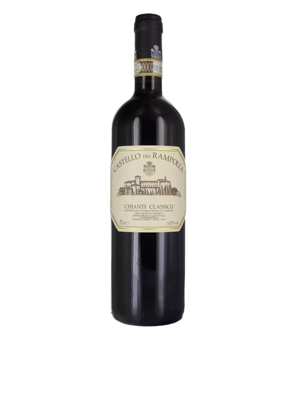 A bottle of red wine with a label that reads "Castello de' Rampilia, Cianti Classico, Chianti Classico, Chianti Classico".
