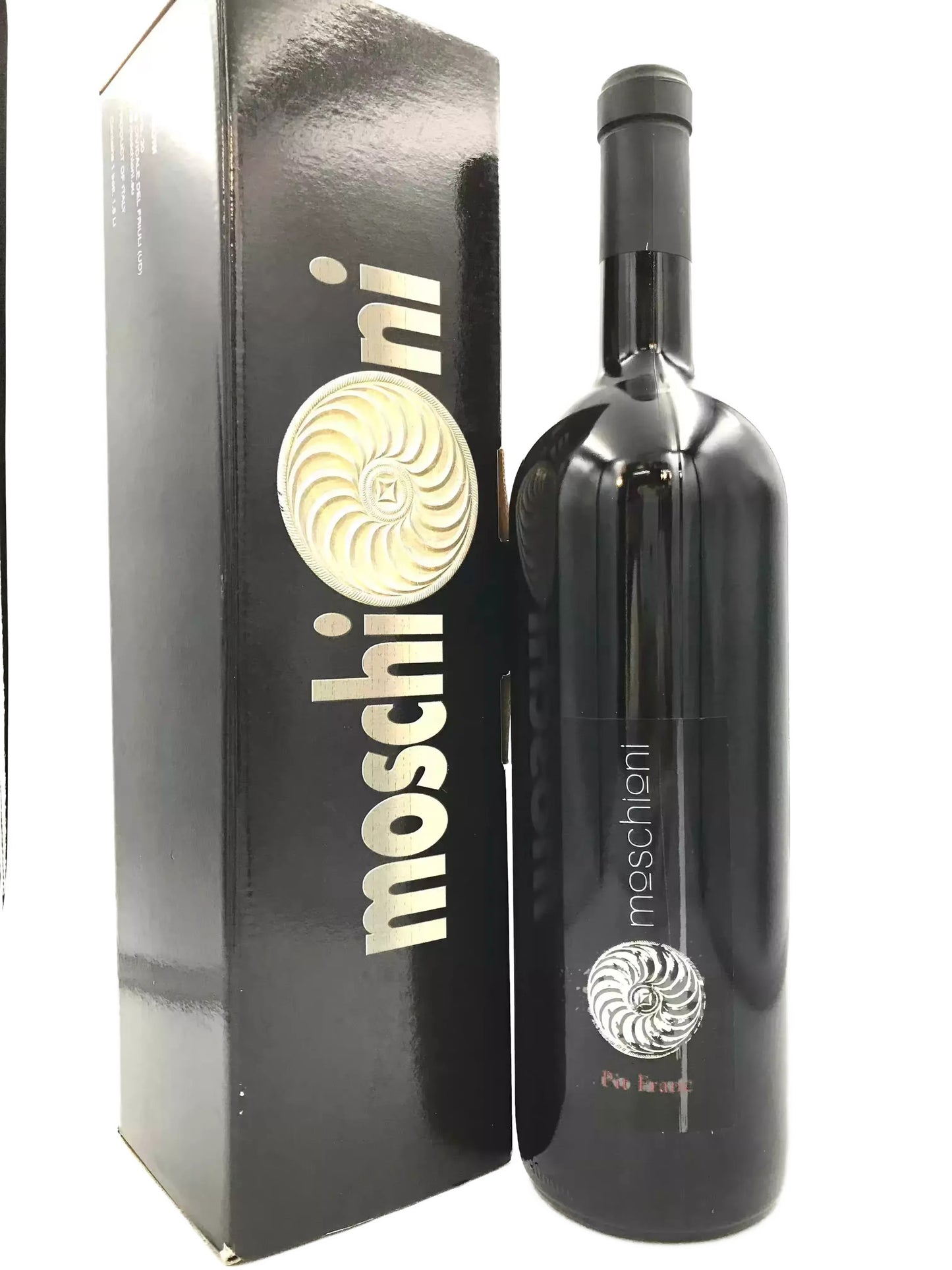 A bottle of Moschino wine next to its black box, which has the Moschino logo printed on it.