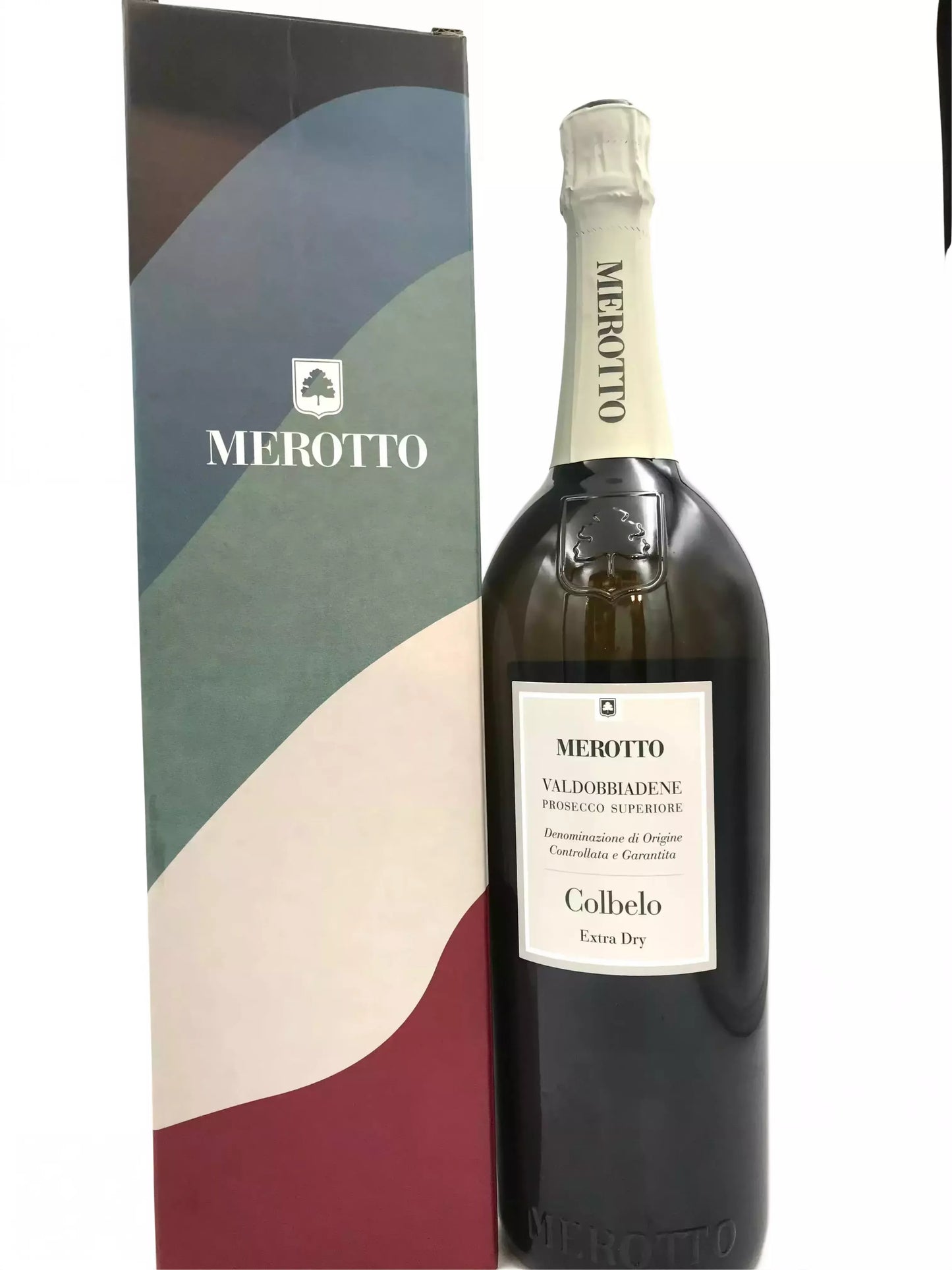 A bottle of Merotto wine next to its box, which is a colorful and patterned box with the Merotto logo prominently displayed.