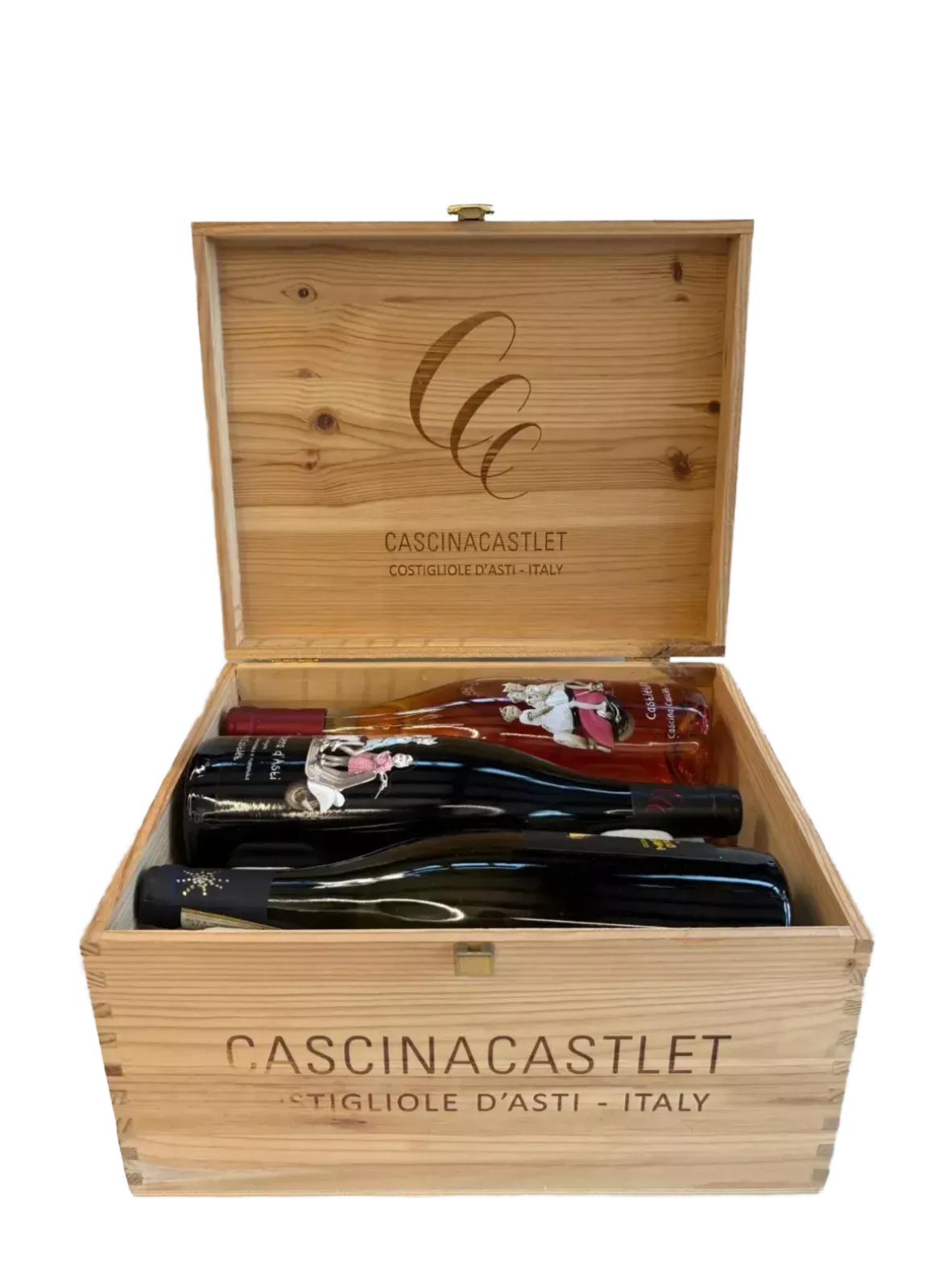 A wooden box containing three bottles of wine, with the label "CASCINACASTLE" visible on the front of the box.