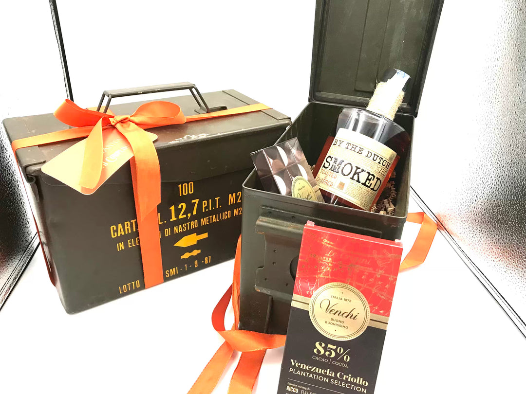 Ammunition Box with ZBC  "By The Dutch Smoked"  Rum Based 45% Vol. , Venchi Chocolate extra Dark 85%, and one 75%