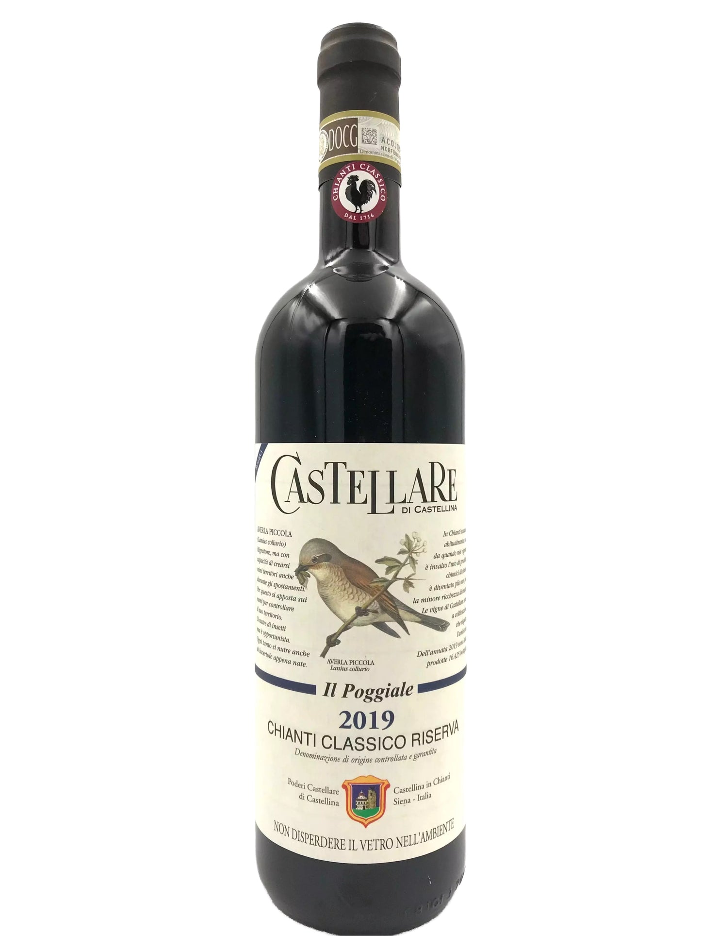 a bottle of wine with a label that includes a bird illustration and text.