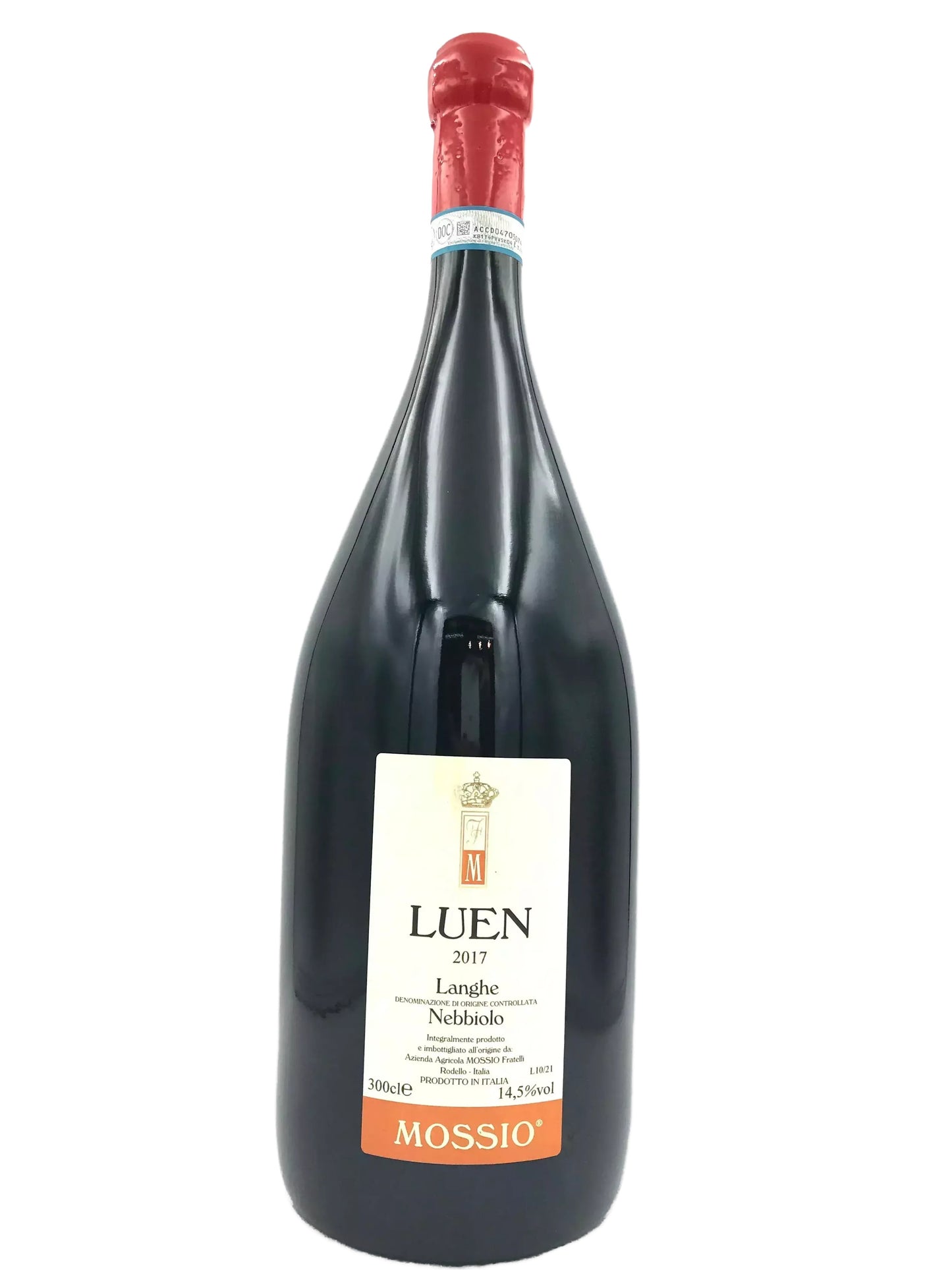 A bottle of red wine with a label that reads "LUEZ" and "MOSSIO".