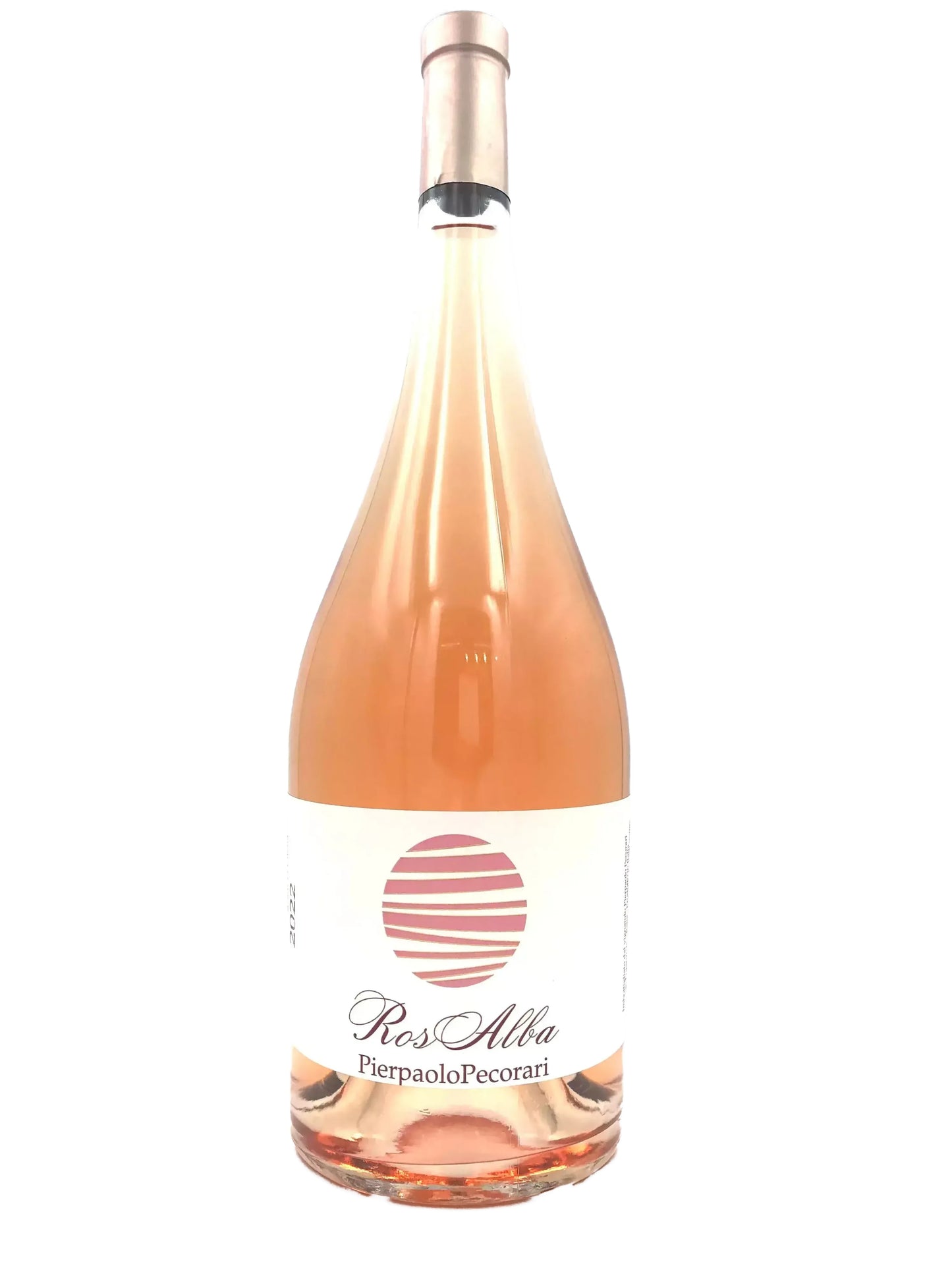 A bottle of Ros Alba wine with a label that includes a sun-like design.