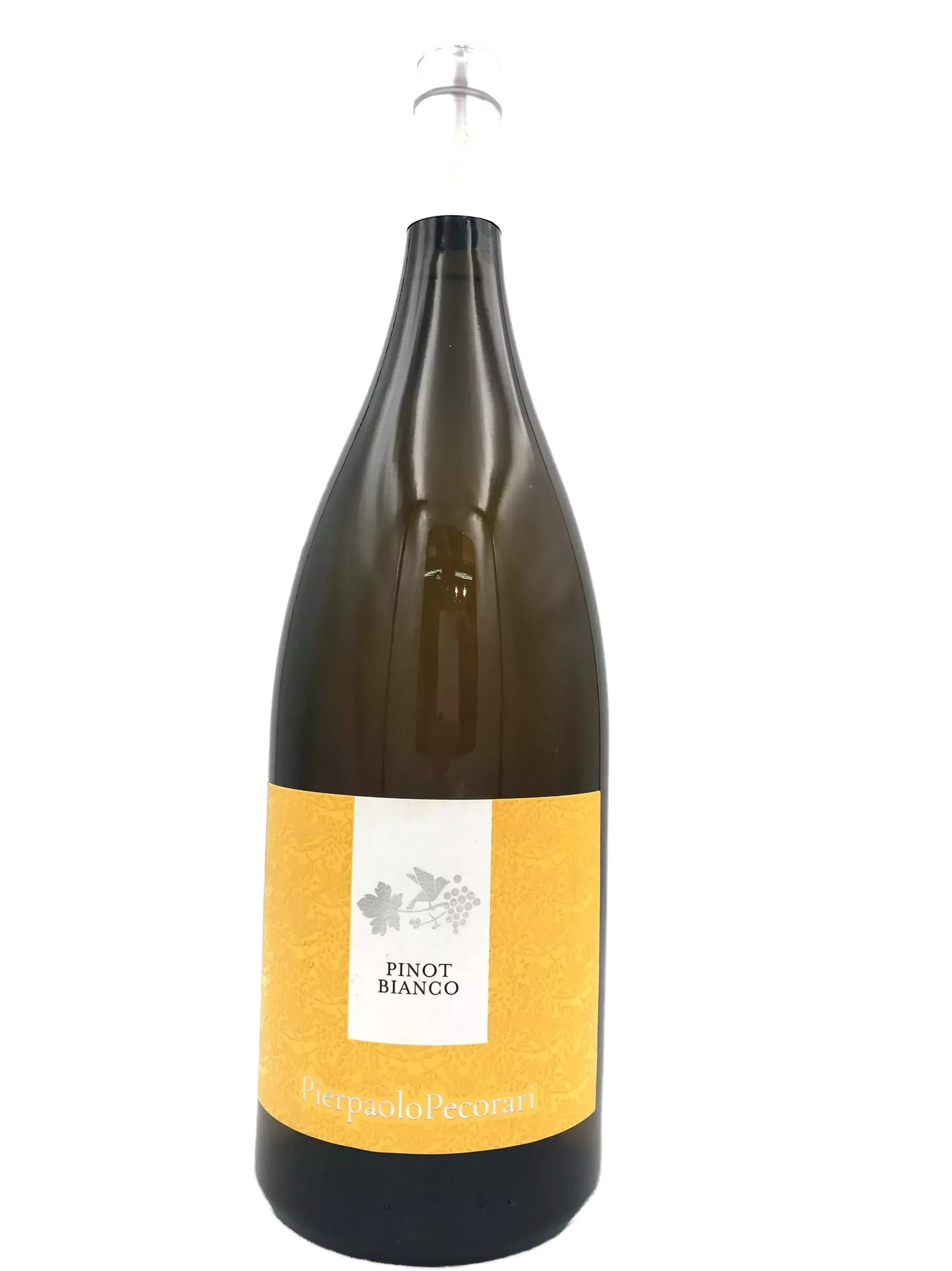 A bottle of Pinot Blanc wine with a yellow label.