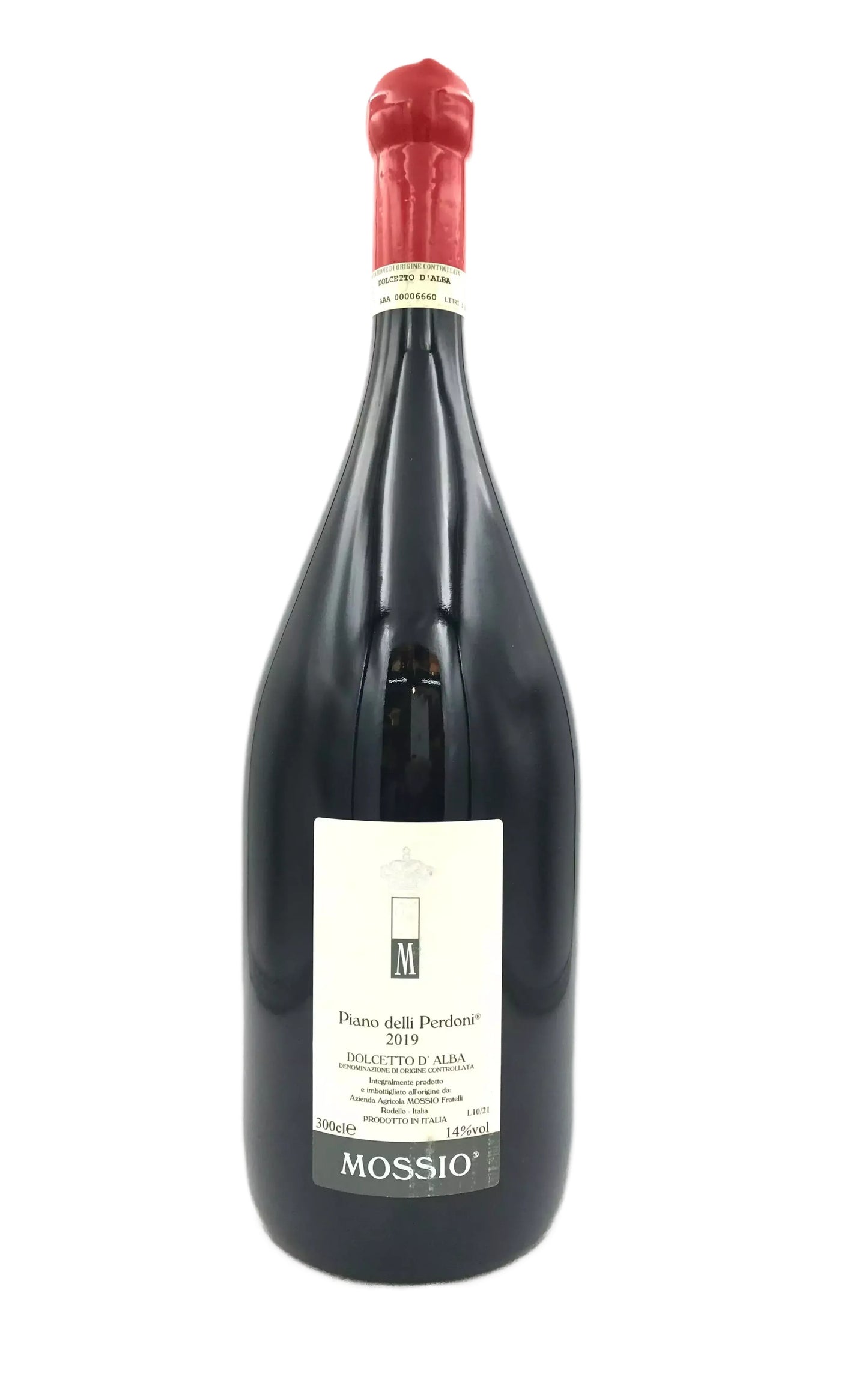 A bottle of red wine with a label that includes the text "Piano delle Peron" and "Mossio".