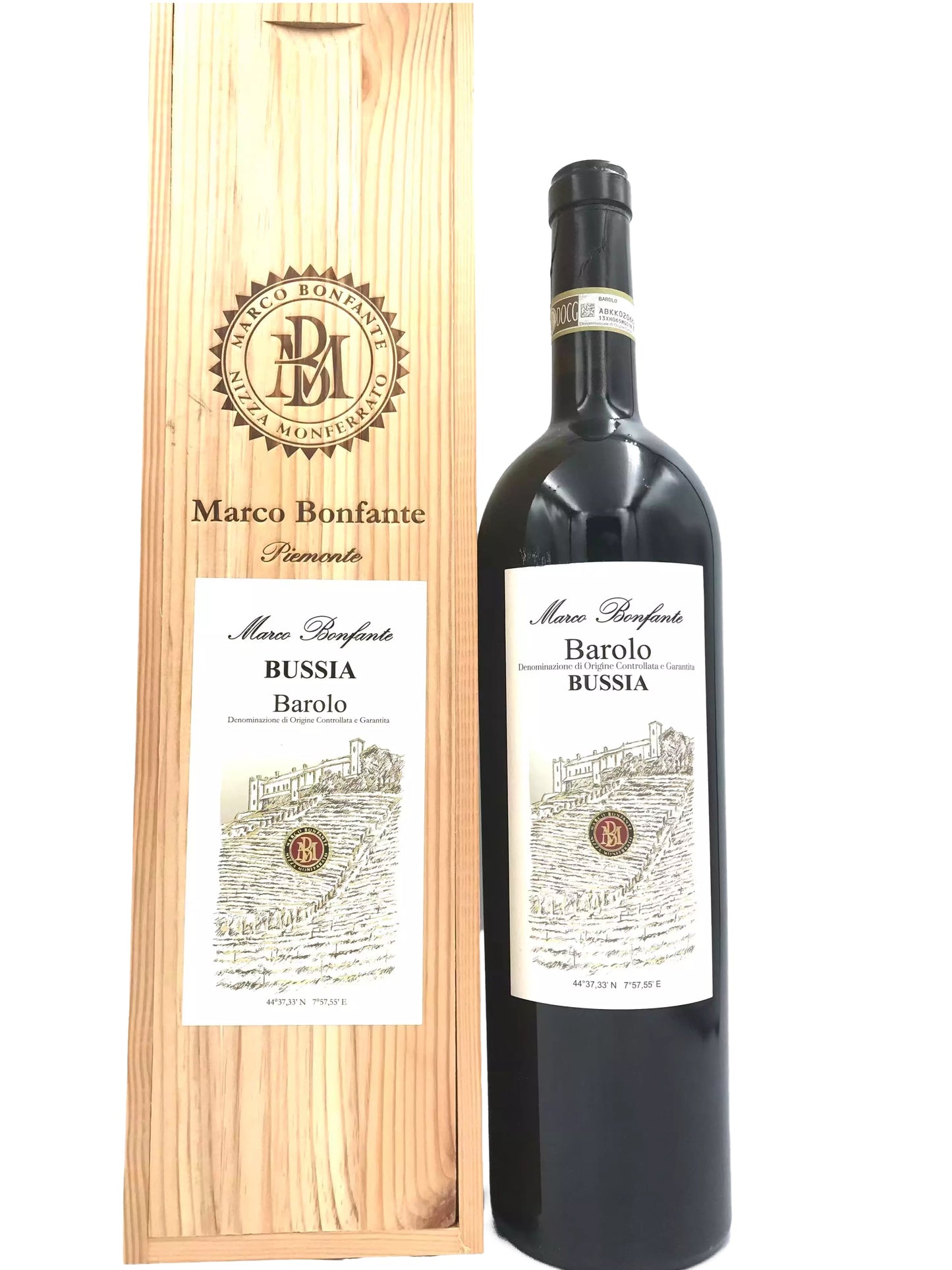 a bottle of red wine and its wooden box, both with labels and text.